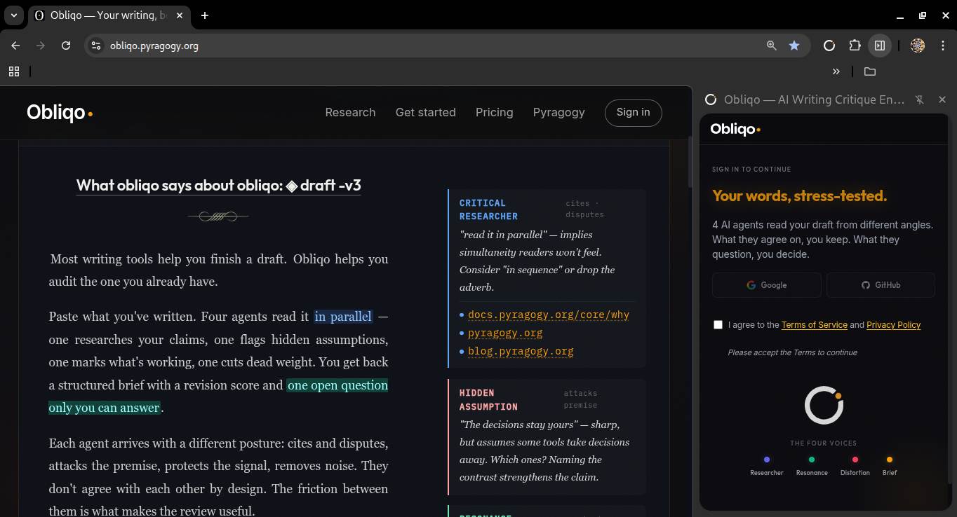 Obliqo webapp on the left with annotated draft, extension side panel on the right showing 4 voices and signin gate